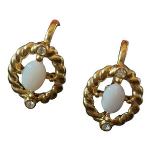 Vintage white opal earrings with rhinestone accents. Clip on dainty